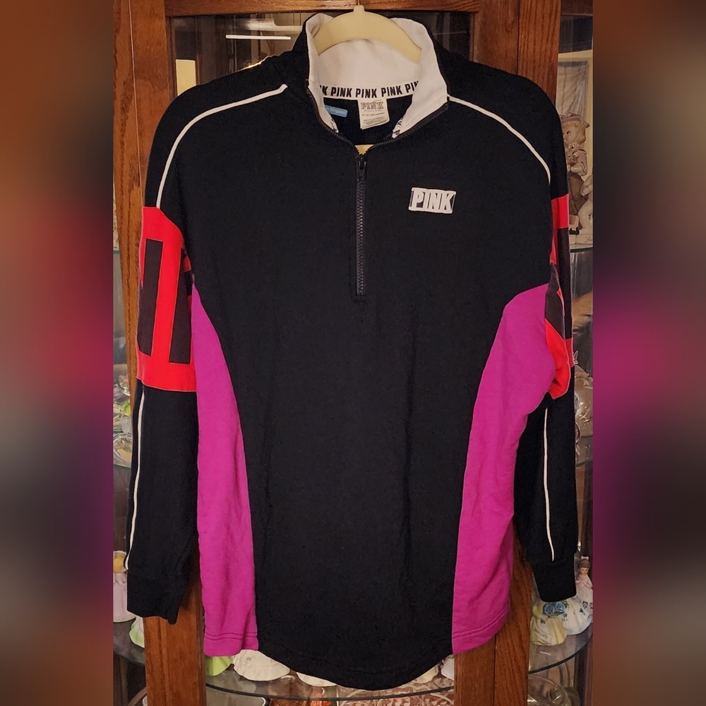 VS PINK Black Colorblock Varsity Quarter Zip Size XS